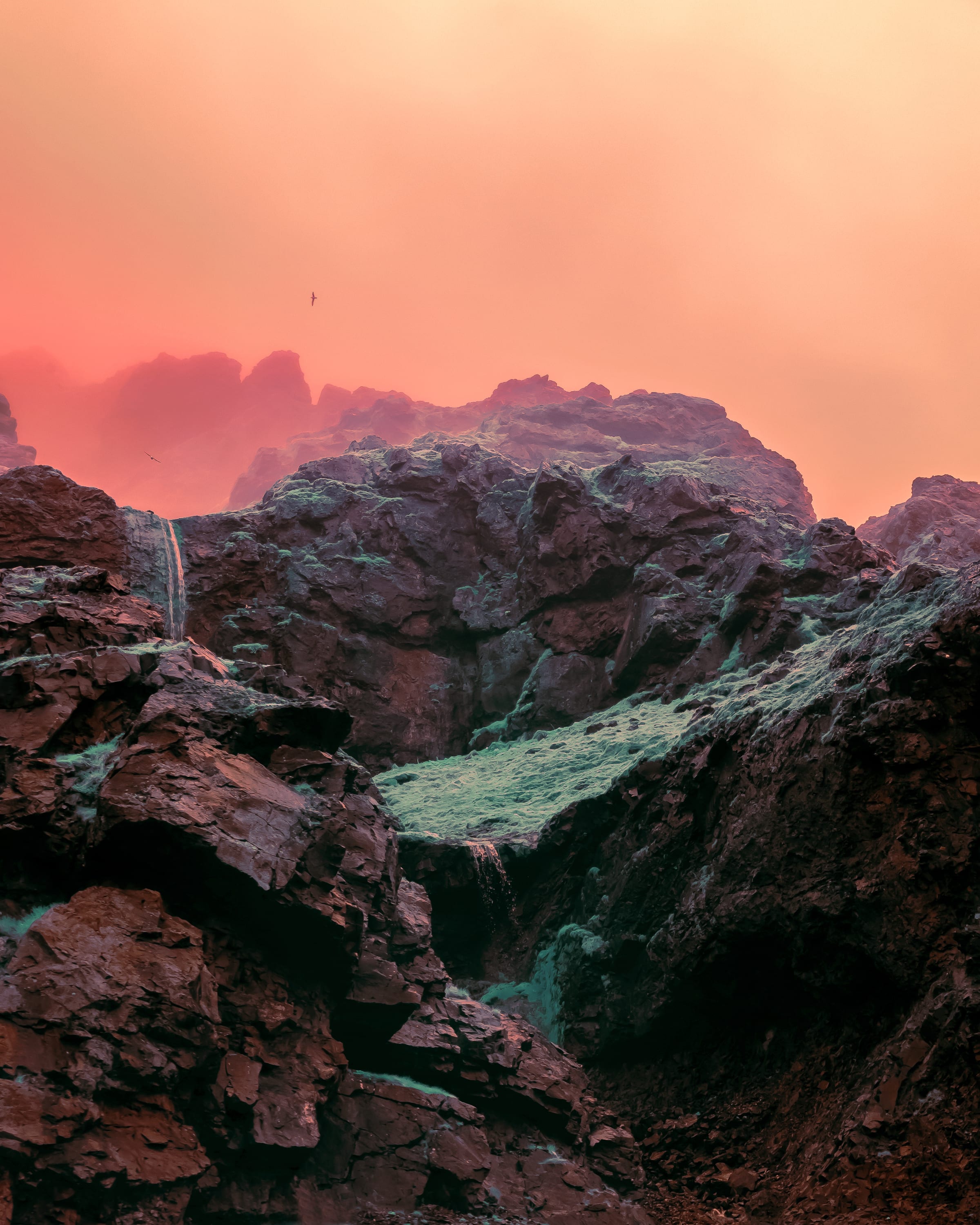 Twin waterfalls threading a dark cliff face under a pale rose sky, teal moss in the gullies