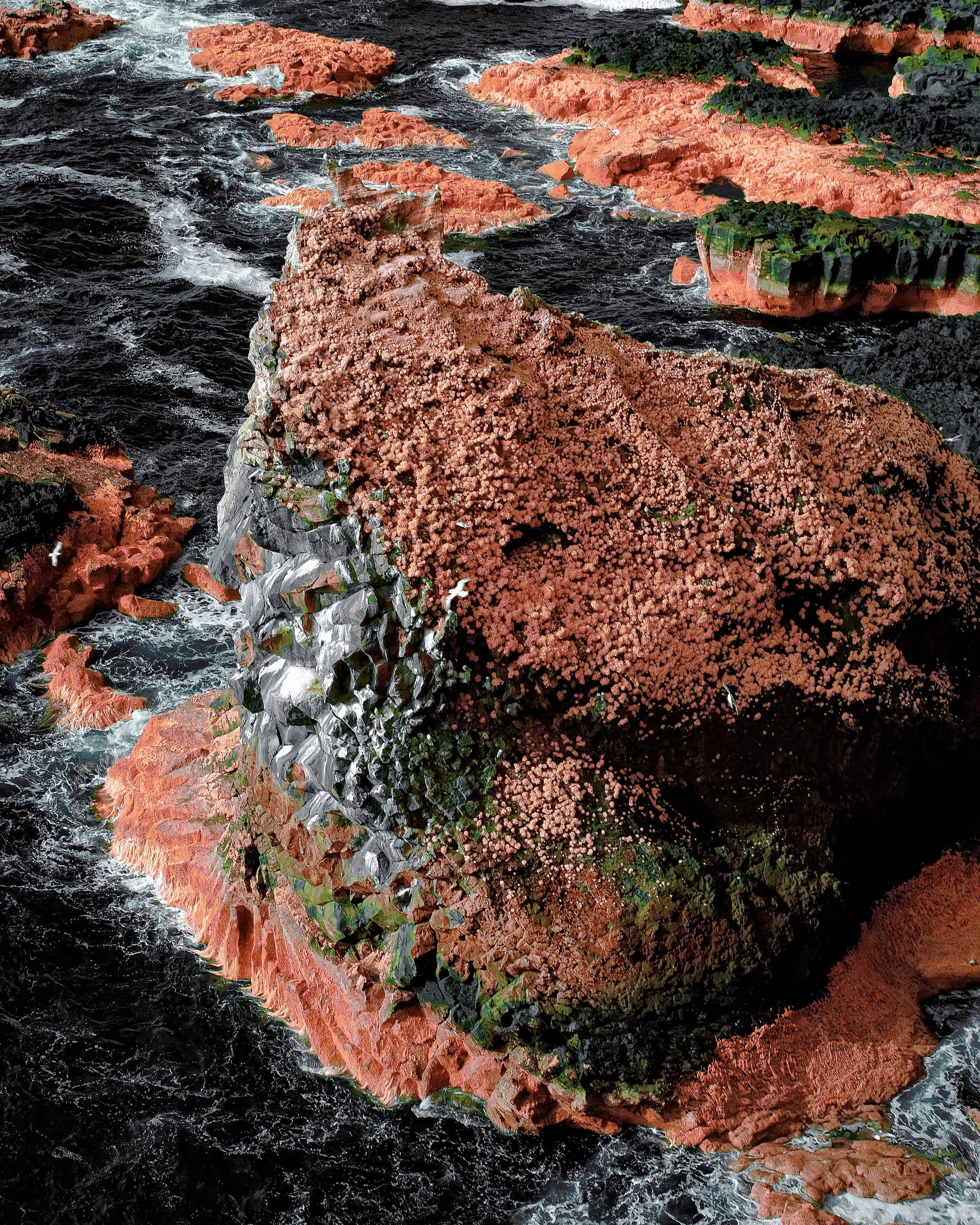 A red-capped coastal rock with thin waterfalls streaking into dark water